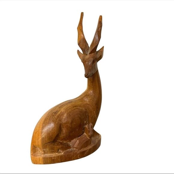 Antelope Gazelle Mid Century Hand Carved Teak Wooden Figurines Pair Vintage 6" - Picture 5 of 7